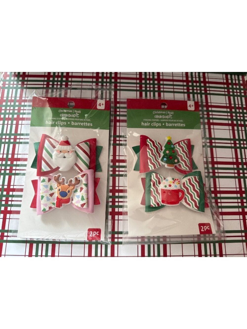 Christmas Hair Clips 2-Pack Festive Santa Reindeer Tree & Cocoa Bow Barrettes Ag